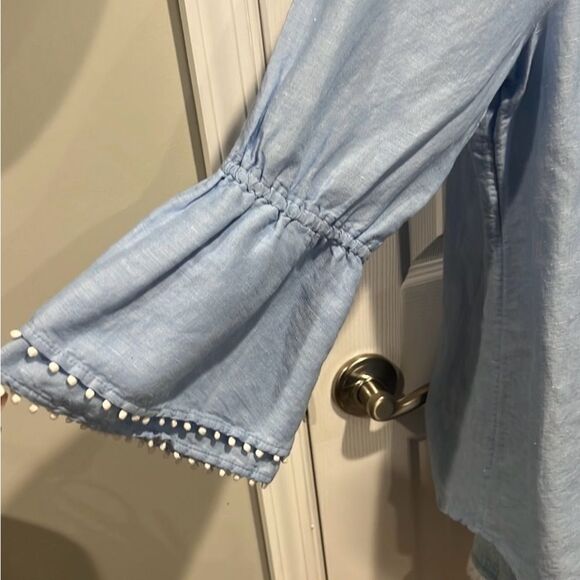 Talbots Factory blue linen blend boat neck bell sleeves top size Large - Picture 3 of 7